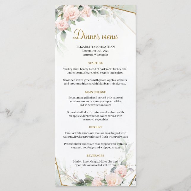 Menu Boho Blush rose Floral Greenery Gold Frame Mariage (Devant)