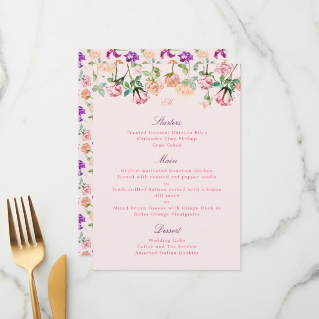 Menu Boho Botanique Romance Aquarelle Roses (Devant/Arrière en situation)
