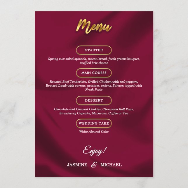 Menu Boho Burgundy et Gold Elegant Script Mariage (Devant)