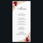 Menu Boho Burgundy Roses et Pampas Grass<br><div class="desc">Nous sommes ravis de vous présenter notre nouvelle collection de mariages à Zazzle, qui présente un superbe design de rose bordeaux et rose avec une touche rustique de pampas herbe et fleurs séchées. La carte de menu complète parfaitement ce thème bohème mais élégant, avec une combinaison de scripts et de...</div>