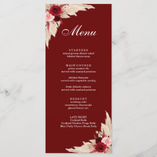 Menu Boho Burgundy Roses et Pampas Grass