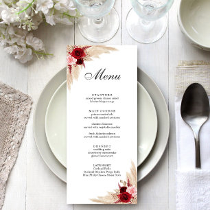 Menu Boho Burgundy Roses et Pampas Grass