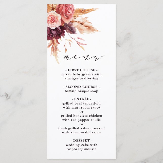 Menu Boho Burgundy Terracotta Mariage Floral  (Devant)