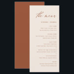 Menu Boho Calligraphie manuscrite Terracotta Mariage<br><div class="desc">Ajoutez un accent élégant à votre paysage de table d'événements avec cette carte de menu personnalisable. Il présente un script fantaisiste et une typographie simple. Personnalisez cette carte de menu boho en ajoutant vos propres détails. Cette carte en terre cuite et blanche est parfaite pour les mariages, les douches nuptiales,...</div>