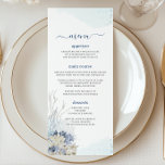 Menu Boho Chic Beach Destination Hampton Mariage<br><div class="desc">Relaxez votre réception au bord de la plage avec cette carte mariage mince avec des coquilles aquarelles peintes à la main et du corail dans des tons bleu doux et neutres. Parfait pour les mariages en bord de mer, en station balnéaire et à destination, ce menu élégant et économique ajoute...</div>