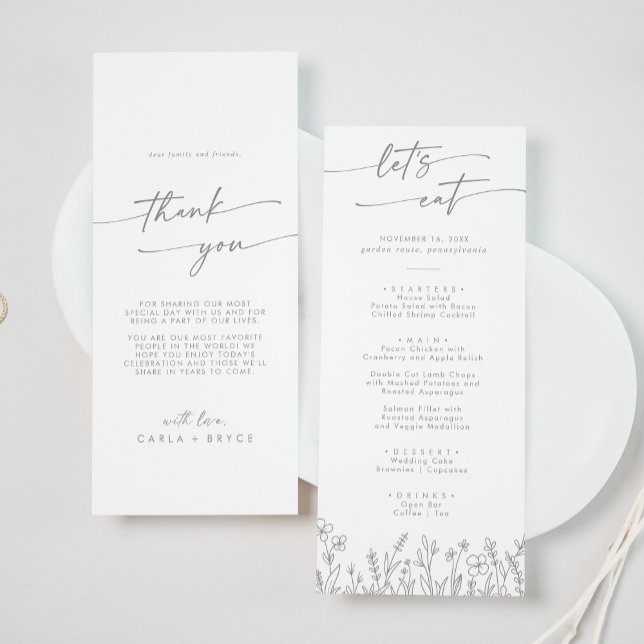 Menu Boho Chic Fleur Sauvage Grise Merci et Mariage (Créateur téléchargé)