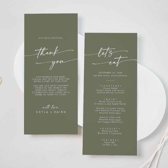 Menu Boho Chic Merci vert olive et Mariage (Créateur téléchargé)