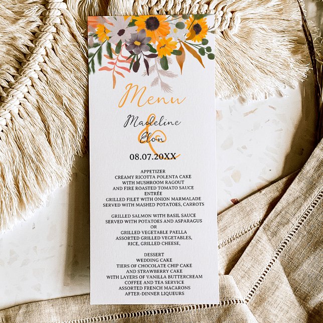 Menu Boho chic rustique tournesols mariage (Créateur téléchargé)