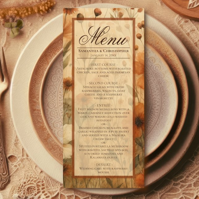 Menu Boho Chic Sienne Brûlée Floral Aquarelle Mariage (Créateur téléchargé)