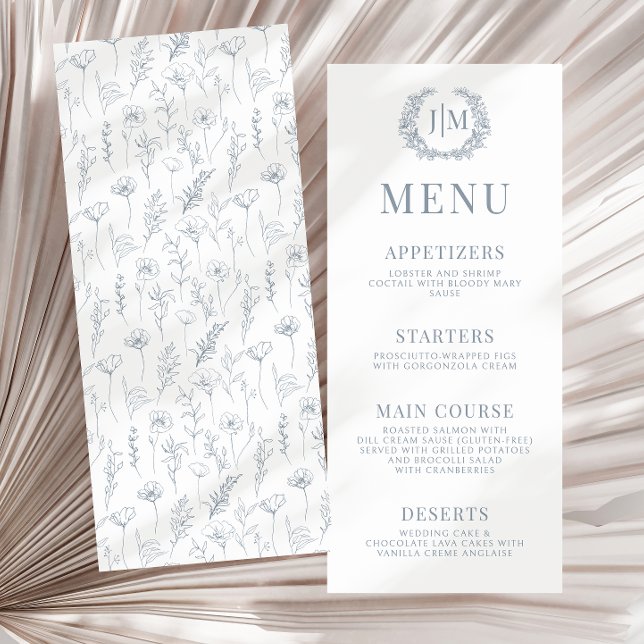 Menu boho classique à fleurs bleues poussiéreuses  (Créateur téléchargé)