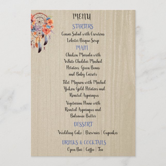 Menu Boho Dream Catcher Réception de mariage 5X7 (Devant)
