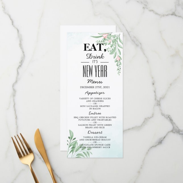 Menu Boho Dusty Bleu Eucalyptus Vert Nouvel An (Devant/Arrière en situation)