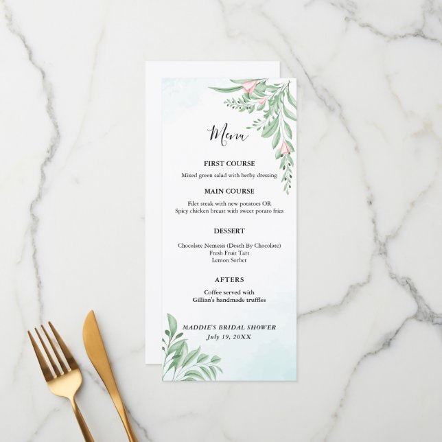 Menu Boho Dusty Blue Eucalyptus Baby shower de verdure (Devant/Arrière en situation)
