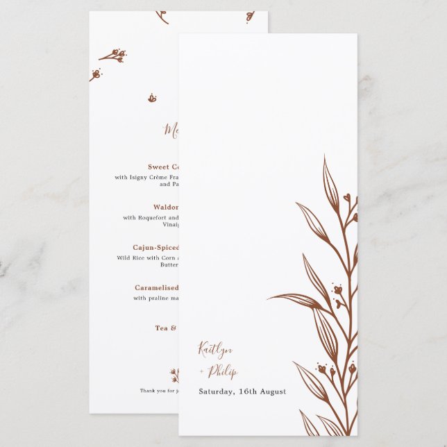 Menu Boho Earthy Botanical Elégant Mariage ivoire (Devant / Derrière)
