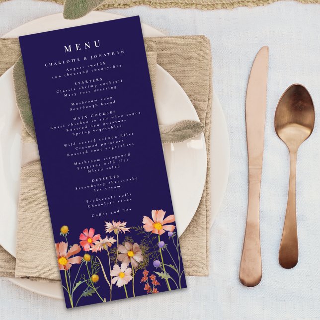 Menu Boho Fall Fleur sauvage Meadow Navy Mariage bleu (Boho fall wildflower meadow elegant navy blue wedding menu card autumn Watercolor flowers )