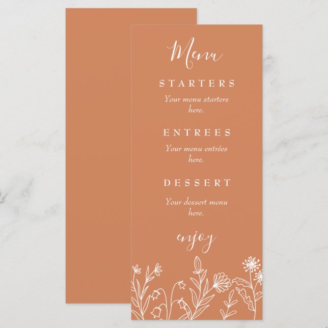 Menu Boho fleur sauvage mariage en terre cuite (Devant / Derrière)