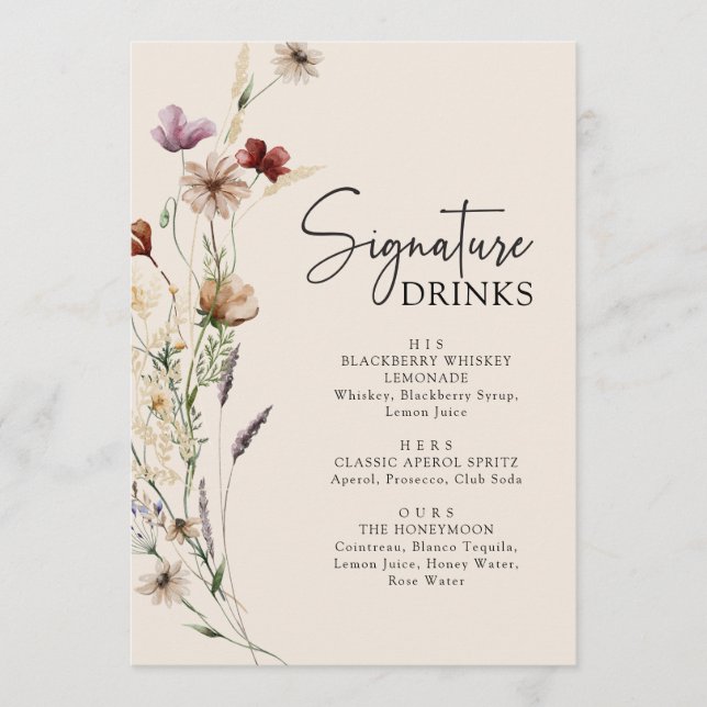 Menu Boho Fleurs de Boissons de Mariage (Devant)