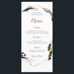 Menu Boho Gold et Black Feather Feuilles   de cadre Mar<br><div class="desc">Un design boho élégant de feuilles dorés et noirs en plumes décorant un cadre géométrique et bordant la typographie. Le texte est facilement personnalisé et les couleurs de l'arrière - plan et du texte peuvent être modifiées si vous le souhaitez. La couleur arrière - plan au verso peut être modifiée...</div>