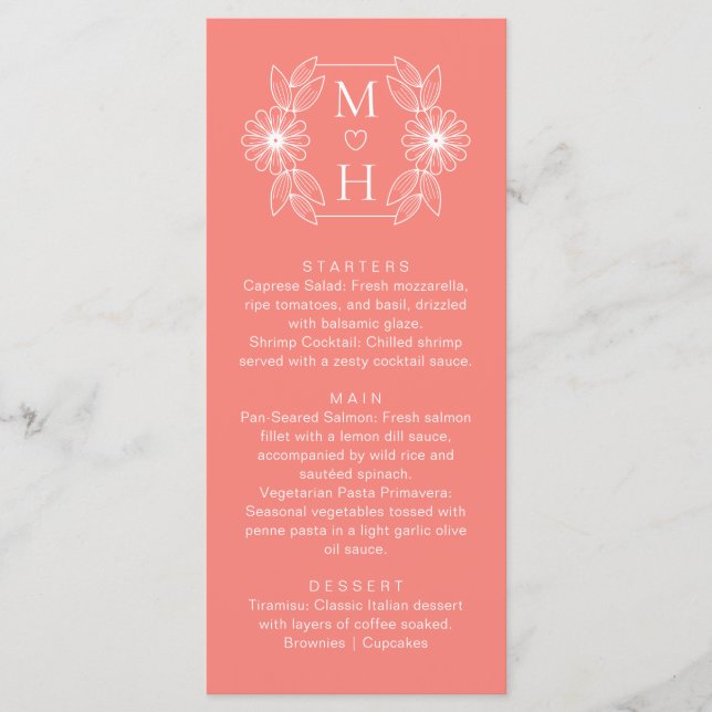Menu Boho Leaf Monogram Coral Rose Mariage Dîner (Devant)