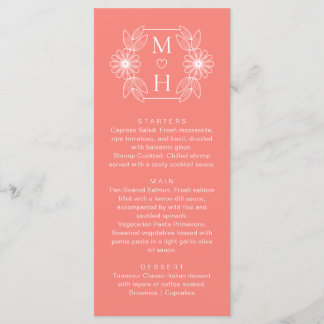 Menu Boho Leaf Monogram Coral Rose Mariage Dîner
