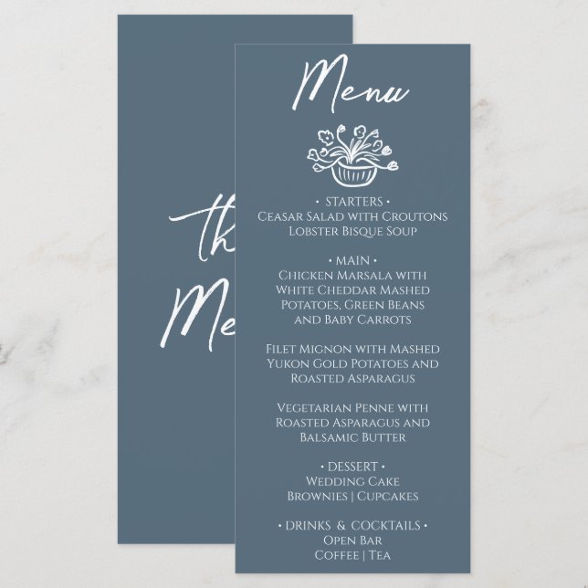 Menu Boho Marina Blue Hand Drawn Floral Wedding (Devant / Derrière)