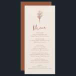Menu Boho Minimaliste Botaniques Terracotta Mariage<br><div class="desc">Ajoutez ces cartes de menu minimalistes botaniques personnalisables au paysage de table de votre événement. Il dispose d'une ligne moderne de bouquet floral avec calligraphie géologique. Personnalisez cette carte de menu boho en ajoutant des noms, des dates et des choix de repas. Cette carte de menu en terre cuite est...</div>
