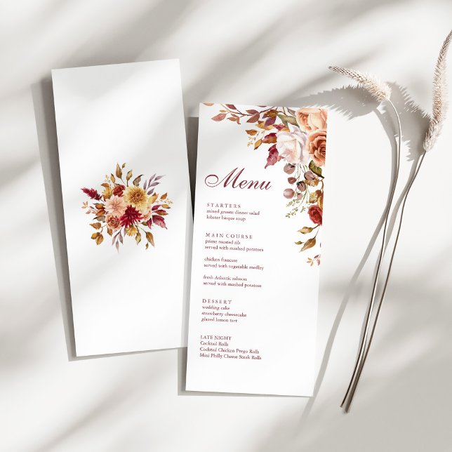 Menu Boho Moderne Orange Brûlé Fleurs en Terre Cuite Ma (Boho Modern Burnt Orange Terracotta Floral Wedding Menu on a sunny white table.)