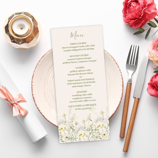Menu Boho Neutral Blanc Aquarelle Fleur sauvage Mariage (Créateur téléchargé)