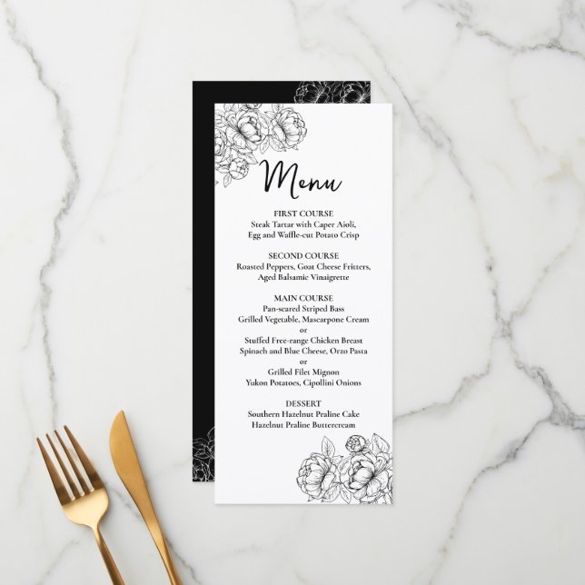 Menu Boho noir blanc à double face Mariage à fleurs Bar (Devant/Arrière en situation)