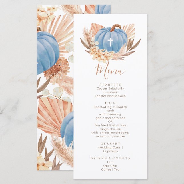 Menu Boho Pampas blue Pumpkin religious (Devant / Derrière)