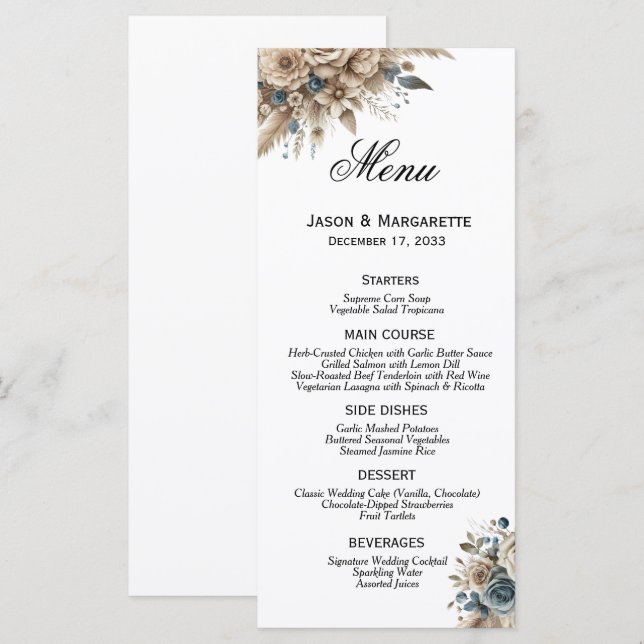 Menu Boho Pampas Grass Dusty Blue Florals Modern  (Devant / Derrière)