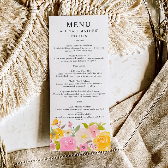 Menu Boho rose jaune Mariage aquarelle (Boho pink yellow floral watercolor Wedding Menu)