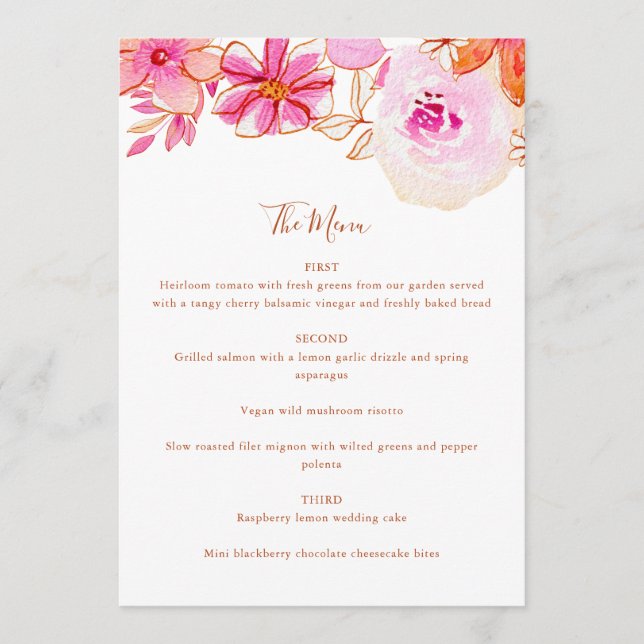 Menu Boho Rose Orange Fleurs Mariage Personnalisé (Devant)