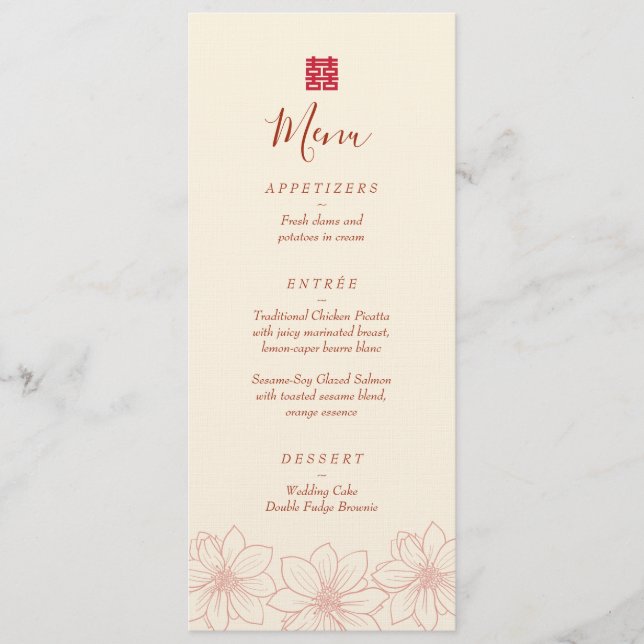 Menu Boho rouge et beige floral mariage chinois (Devant)