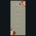 Menu Boho Rust & Chute Neutre Floral Green Mariage<br><div class="desc">Ce design présente un cadre de bouquet floral couleur rouille,  pêche,  blanc et crème sur un arrière - plan vert sage doux.</div>