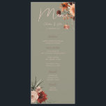 Menu Boho Rust & Chute Neutre Floral Green Mariage<br><div class="desc">Ce design présente un cadre de bouquet floral couleur rouille,  pêche,  blanc et crème sur un arrière - plan vert sage doux.</div>