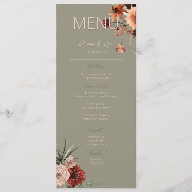 Menu Boho Rust & Chute Neutre Floral Vert Mariage II (Devant)