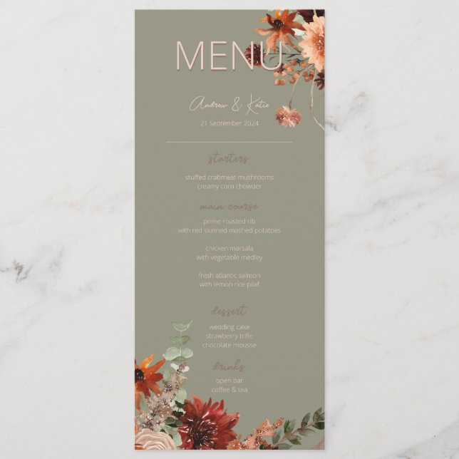 Menu Boho Rust & Chute Neutre Floral Vert Mariage III (Devant)