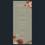 Menu Boho Rust & Chute Neutre Floral Vert Mariage III<br><div class="desc">Ce design présente un cadre de bouquet floral couleur rouille,  pêche,  blanc et crème sur un arrière - plan vert sage doux.</div>