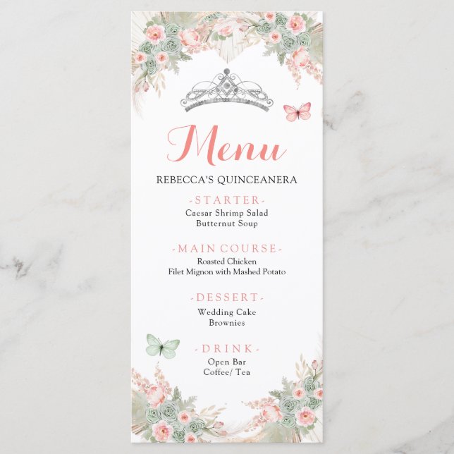 Menu Boho Sage Green Blush Pink Royal Quinceañera (Devant)