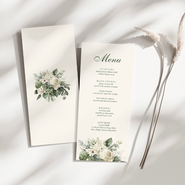 Menu Boho Sage vert et Mariage de fleurs d'ivoire (Boho Sage Green and Ivory Flowers Wedding Menu on a sunny white table.)