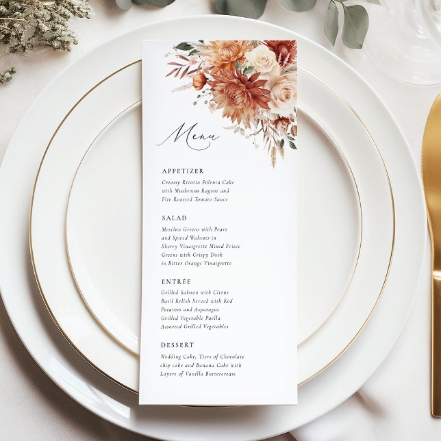 Menu Boho Terracotta Dahlia Rose Mariage élégant (Créateur téléchargé)