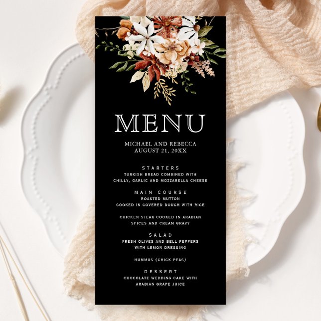 Menu Boho Terracotta Floral Fleur sauvage Mariage noir (Créateur téléchargé)