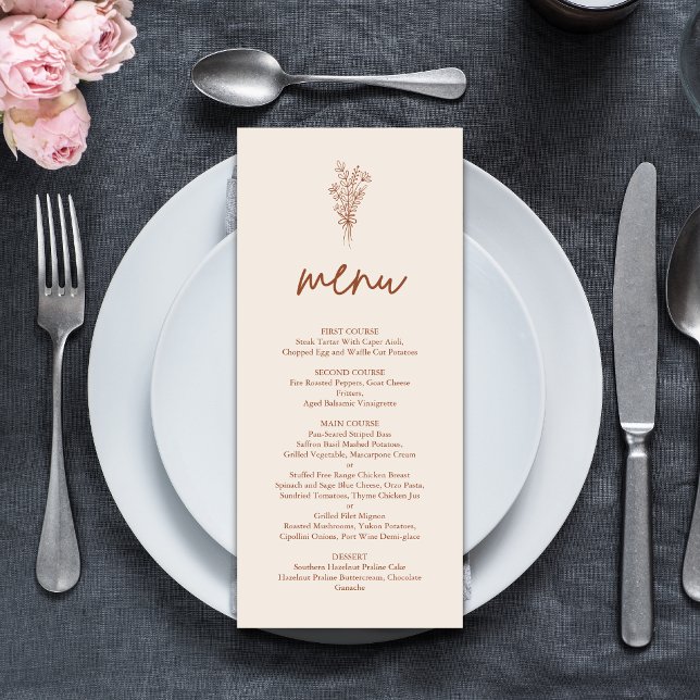 Menu Boho Terracotta Orange Brûlé Mariage Rustique (Boho terracotta wedding menu showcases your dishes while adding warm rustic charm.)