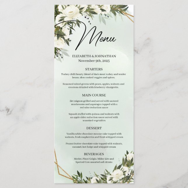 Menu Boho vert foncé feuillage blanc roses cadre or (Devant)