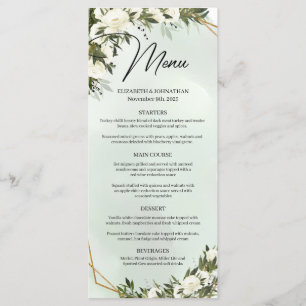 Menu Boho vert foncé feuillage blanc roses cadre or