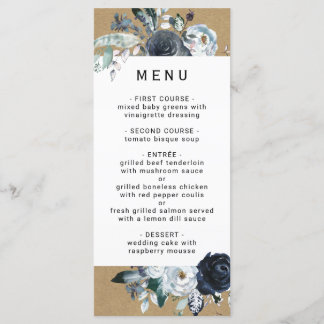 Menu Boho White Navy Peony Faux Brown Kraft Mariage