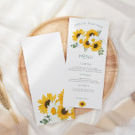 Menu Boho Wildflowers Sunflowers Leaves Wedding<br><div class="desc">Beautiful sunflowers and florals for your wedding tables with beautiful bouquet of wildflowers at the top with your names curved above and a sunflower motif at the bottom and coordinating florals on the back. The typography is simplistic and stylish and easily personalised to your own details. You can also change...</div>