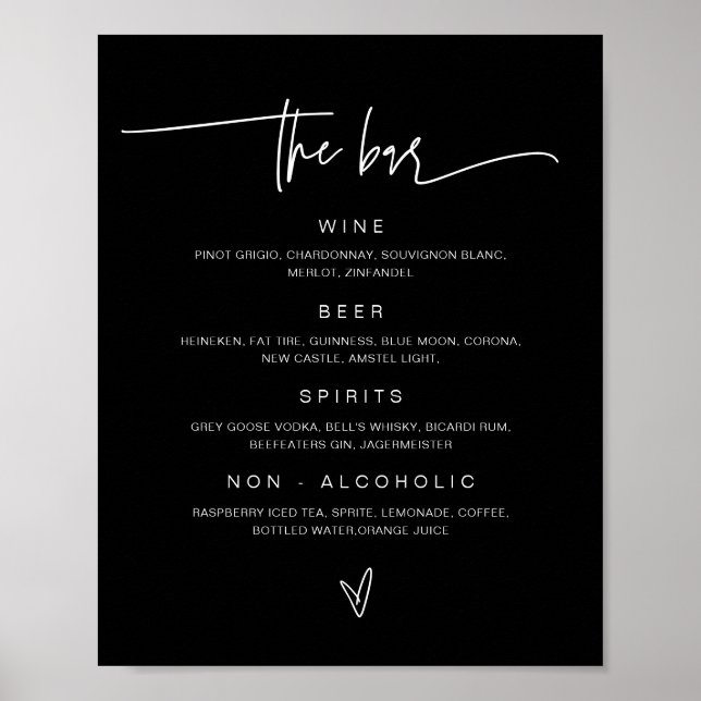 Menu Boire Bar Mariage Panneau de réception Poster (Devant)