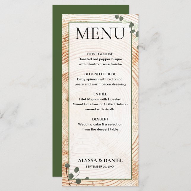 Menu Bois Mariage rustique écorce avec eucalyptus (Devant / Derrière)